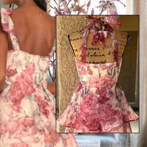 Lulus Blush Floral Organza Tie-Strap Tiered Playfully Posh Midi Dress SIze L - Picture 4 of 13